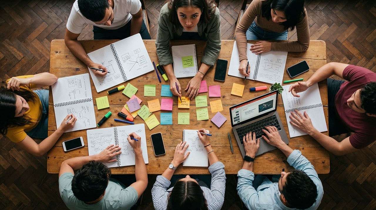 Planning decisions with sticky notes and a notebook