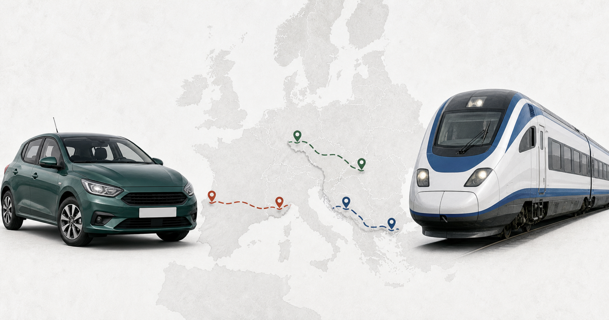 Rental car and intercity train over a map of Europe with route markers for the 2026 cost comparison.