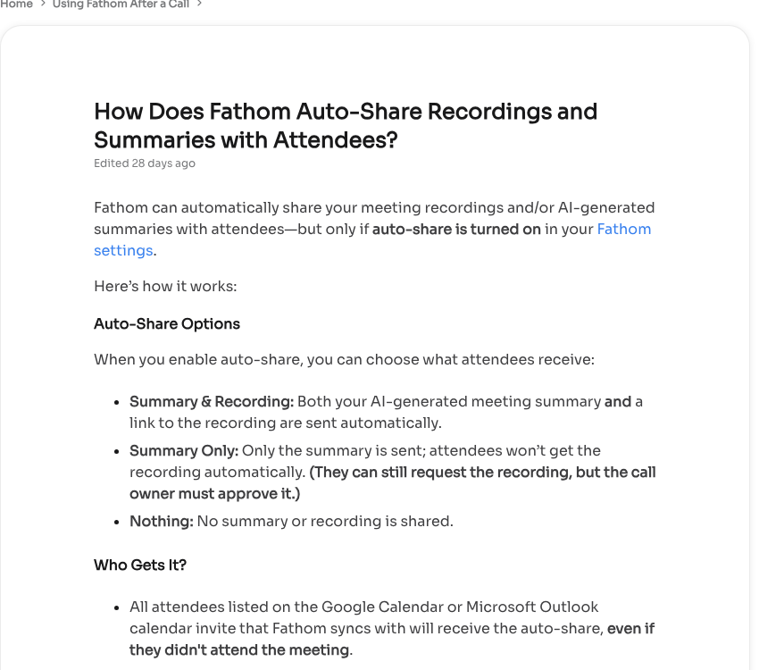 Fathom Help Center page showing auto-share options for meeting summaries and recordings.