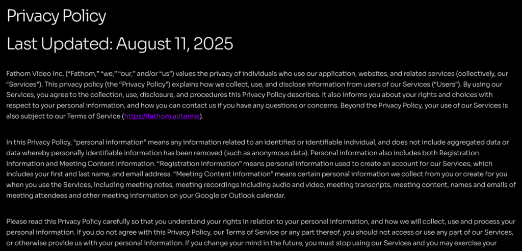 Fathom Privacy Policy excerpt defining Meeting Content Information.