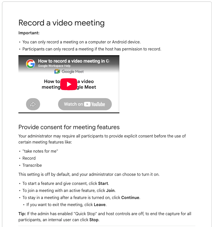 Google Meet Help page showing recording requirements and explicit consent controls.