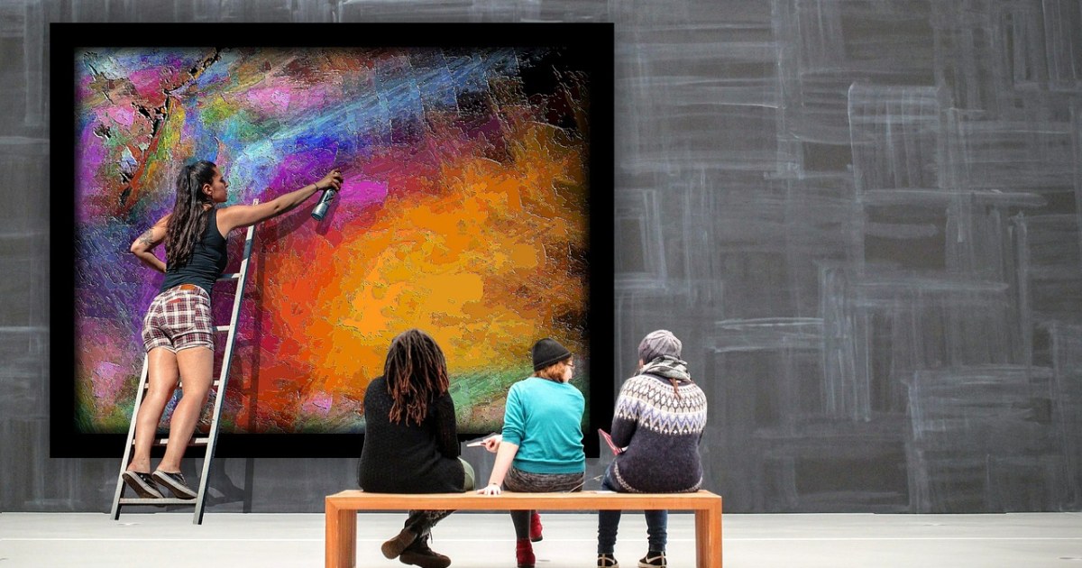 Abstract art gallery scene for an NFT art market trends guide.