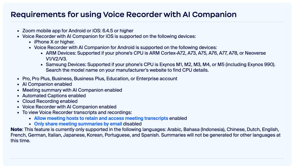 Zoom Support page showing Voice Recorder with AI Companion requirements.