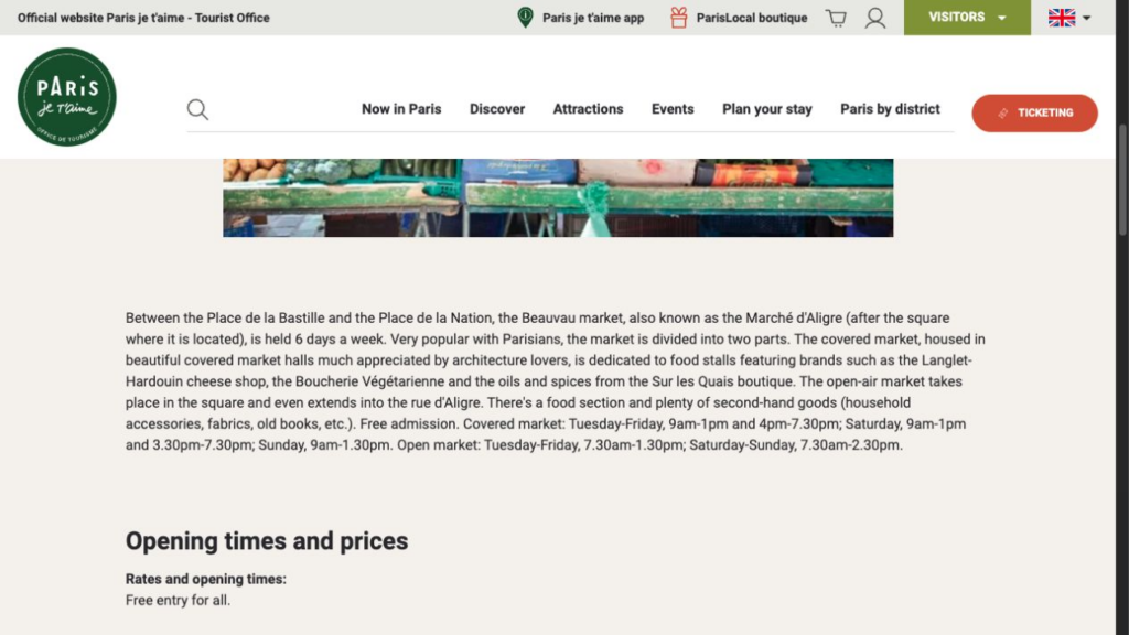 Paris tourism office page showing separate covered and outdoor Marche d'Aligre hours
