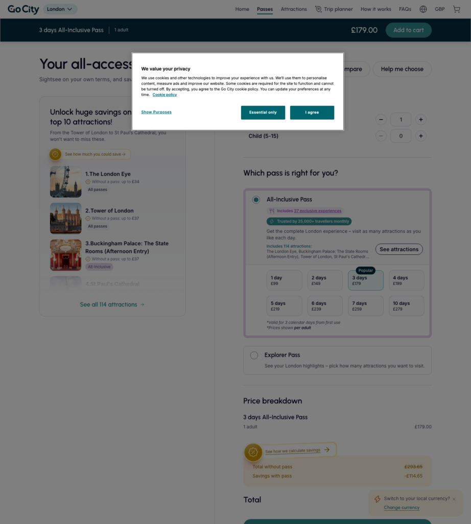 Go City London All-Inclusive Pass grid showing adult prices for one through ten consecutive days.