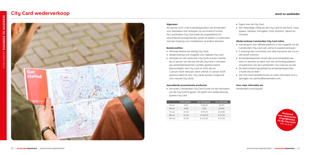 Official I amsterdam 2026 brochure showing City Card prices from EUR 65 to EUR 135