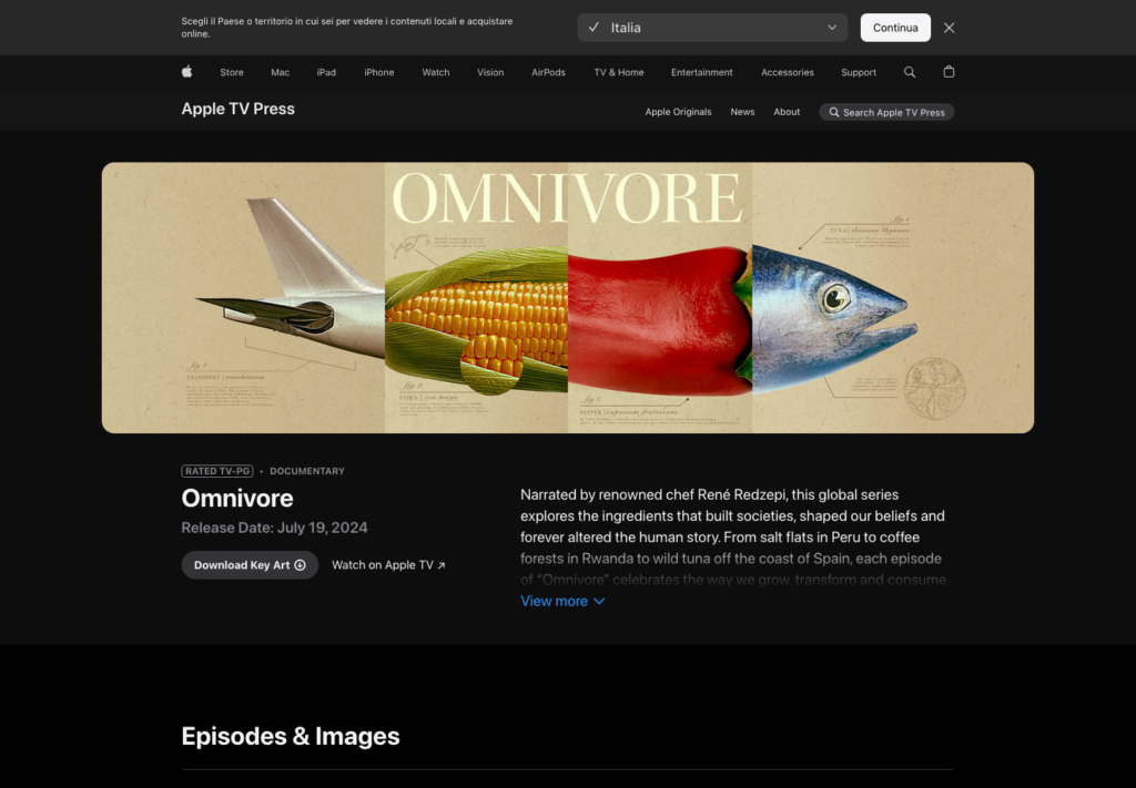 Official Apple TV Press Omnivore page showing release date and documentary description.