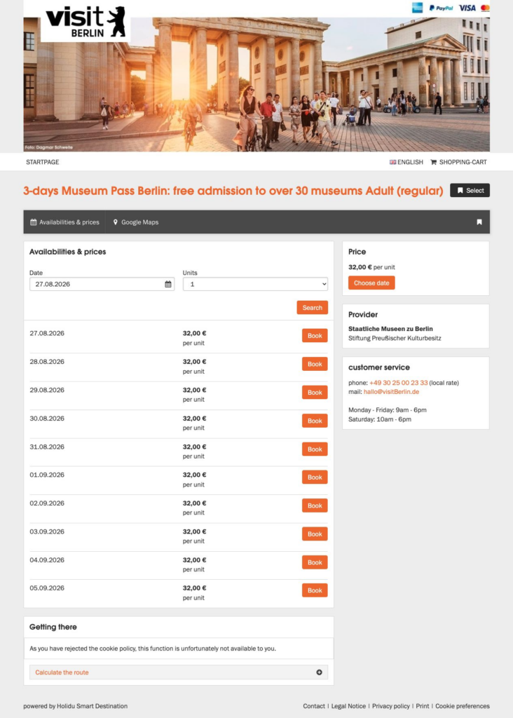 Official Museum Pass Berlin page showing the EUR 32 adult price