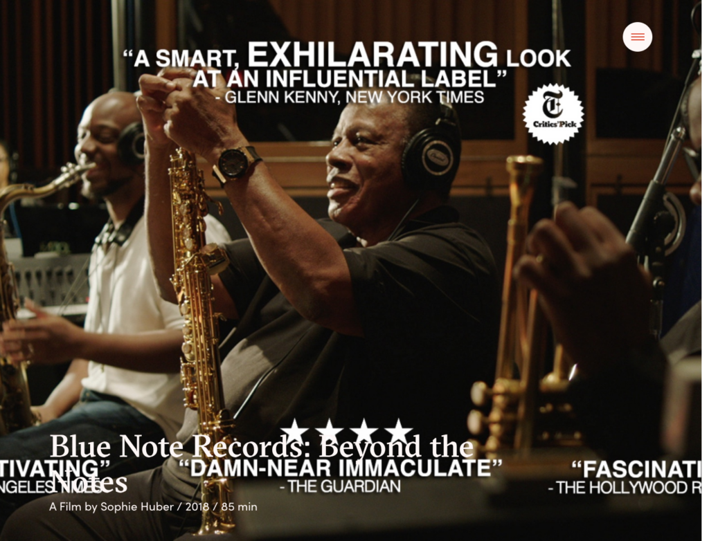 Official Blue Note Records Beyond the Notes film page showing the title, director Sophie Huber, year 2018, and 85-minute runtime.