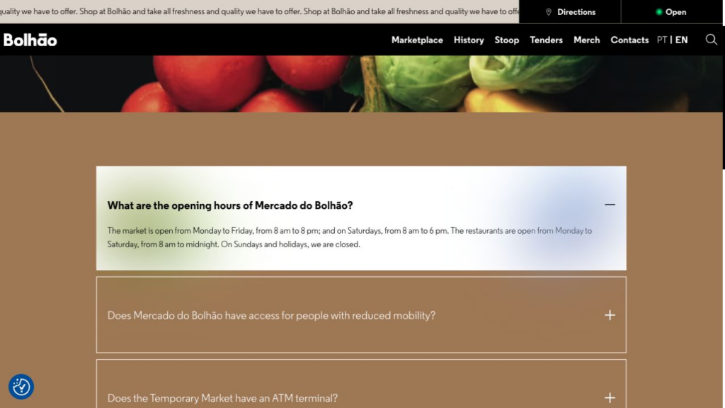 Mercado do Bolhao official FAQ showing weekday, Saturday, Sunday, and holiday hours