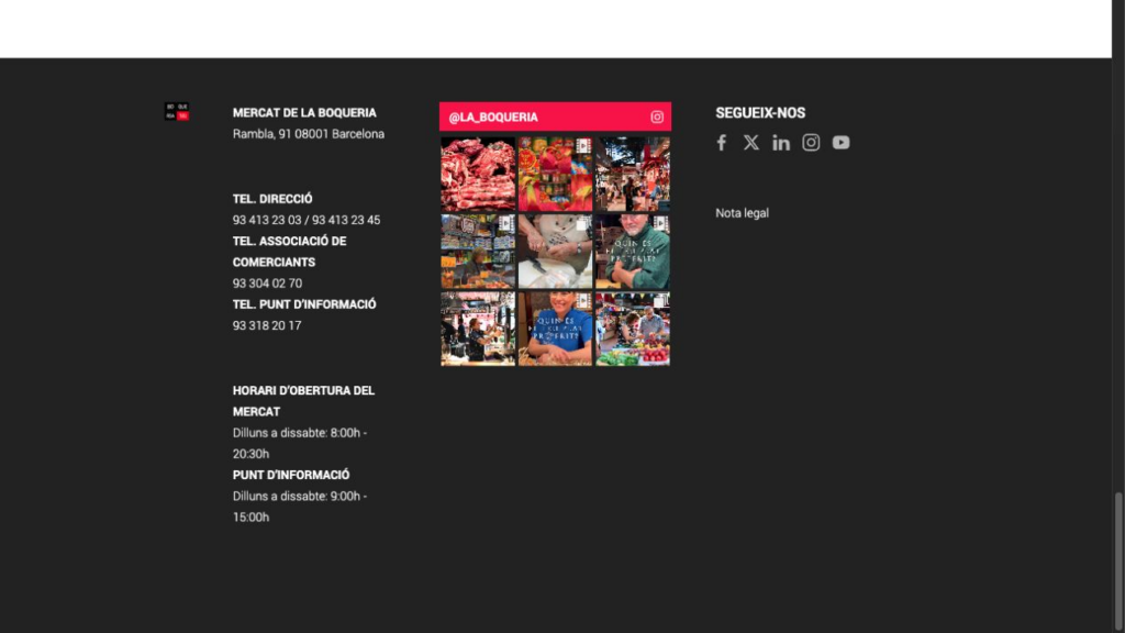La Boqueria official footer showing Monday to Saturday opening from 8:00 to 20:30