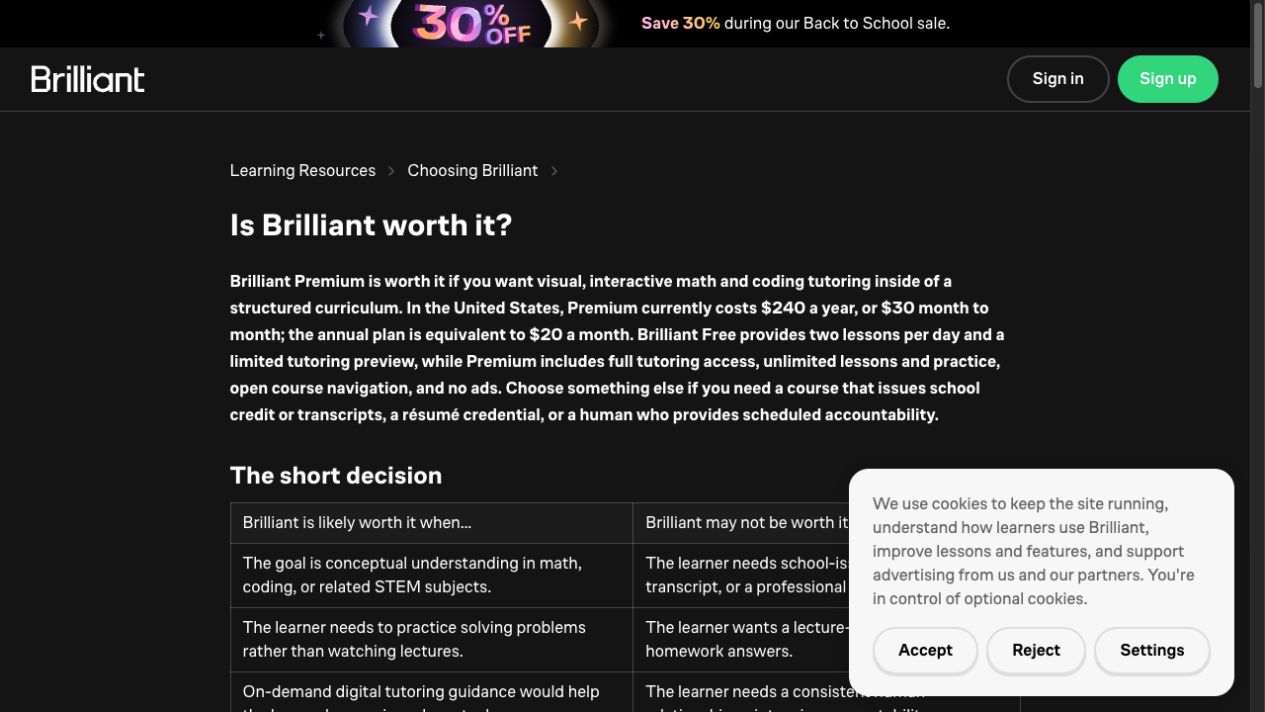 Official Brilliant page showing Premium pricing of $30 monthly or $240 annually in the United States