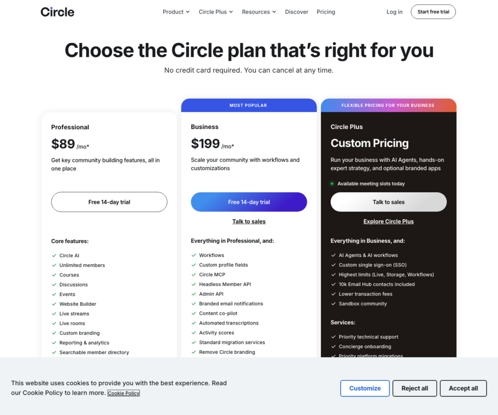 Circle official pricing page showing annual-billing prices of  for Professional and 9 for Business.