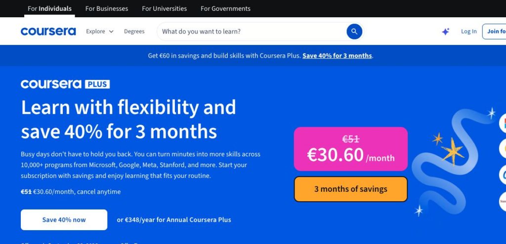 Official Coursera Plus page showing regular monthly and annual pricing alongside a dated temporary offer