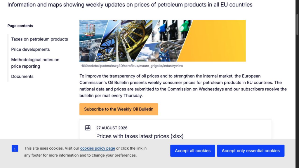 European Commission Weekly Oil Bulletin showing weekly EU petroleum price data and the August 27 2026 release