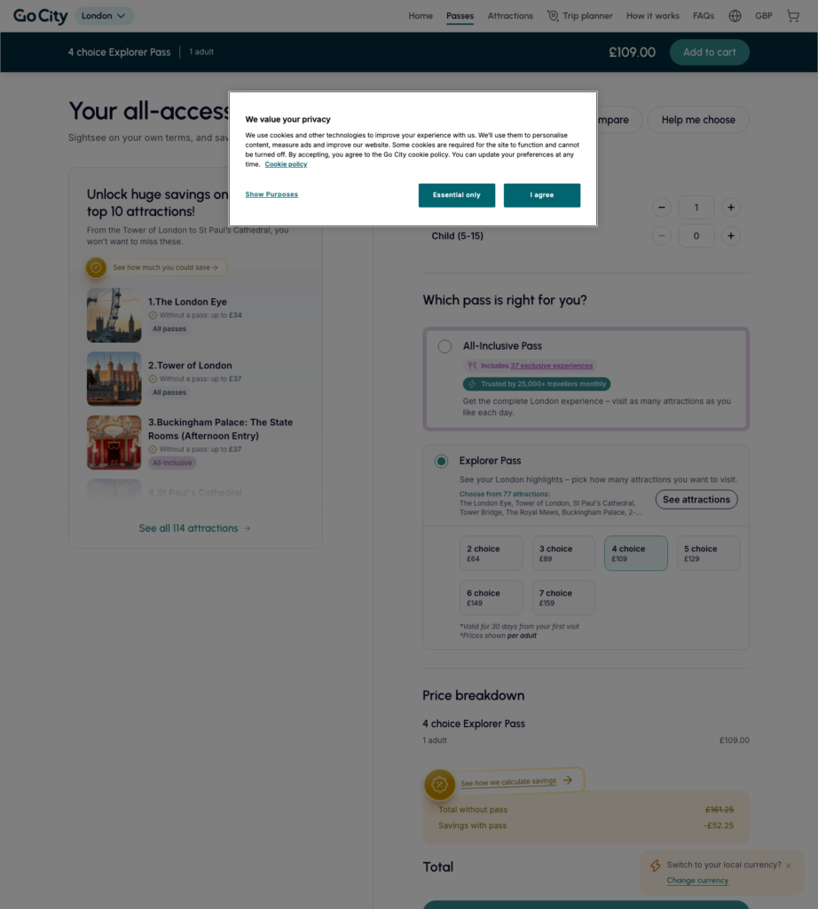 Go City London Explorer Pass grid showing adult prices for two through seven attraction choices.