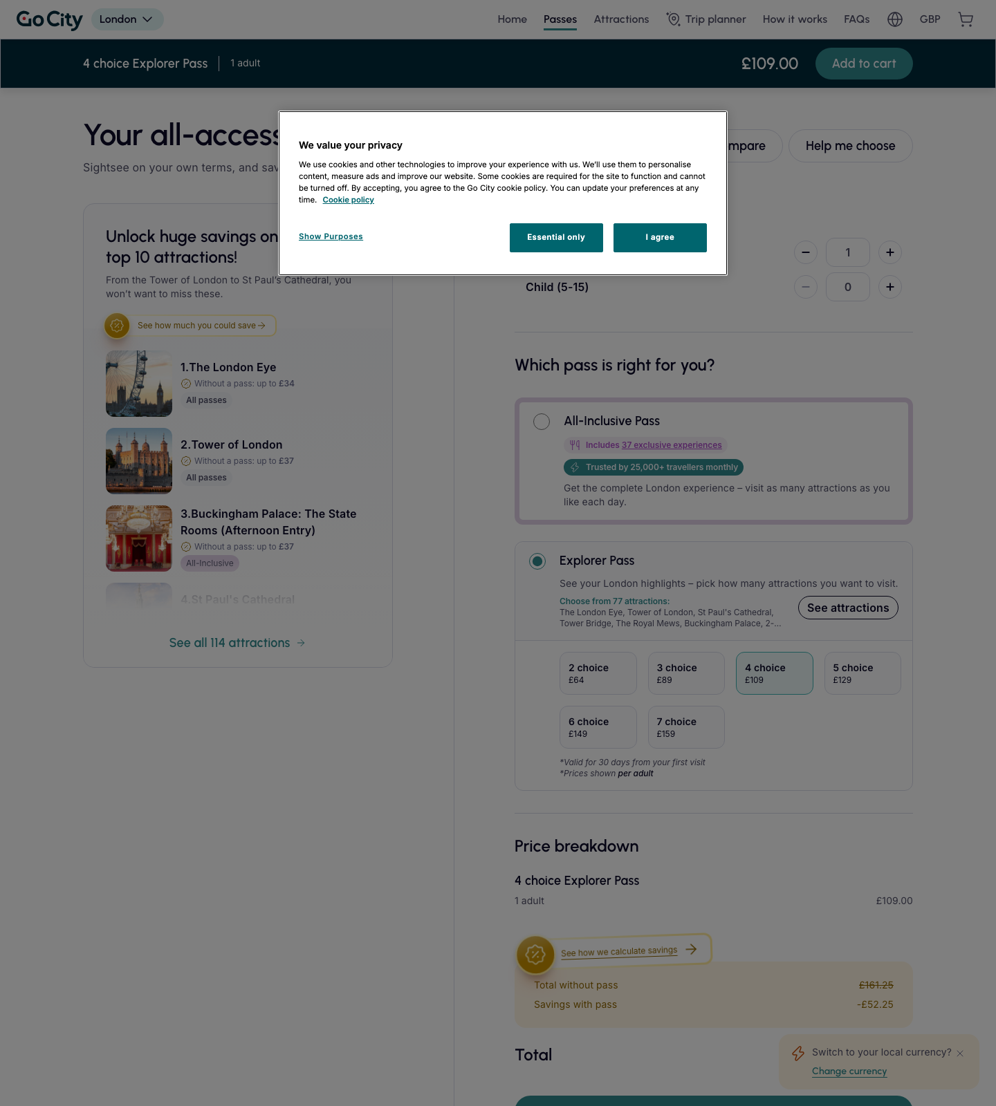 Go City London Explorer Pass grid showing adult prices for two through seven attraction choices.