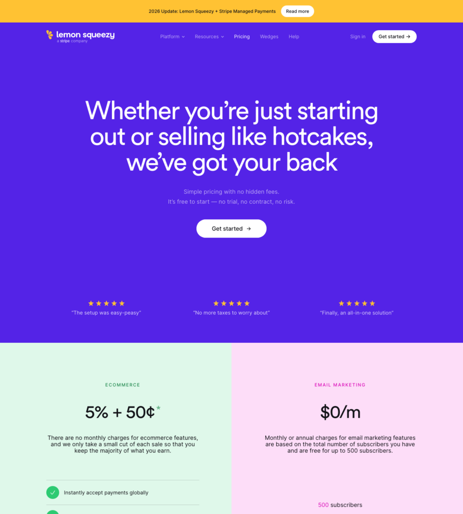 Lemon Squeezy official pricing page showing the 5% plus $0.50 ecommerce fee.