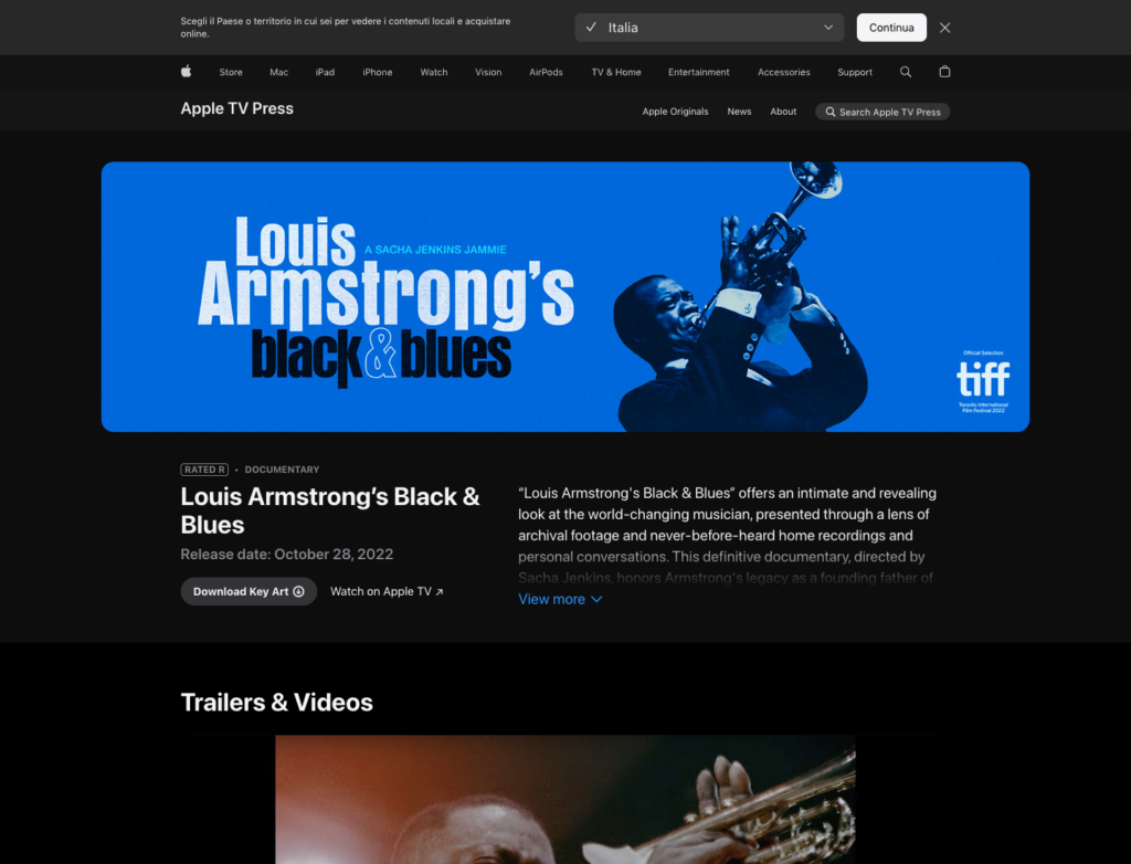 Apple TV Press page for Louis Armstrong's Black and Blues showing the documentary title, release date, and Watch on Apple TV link.