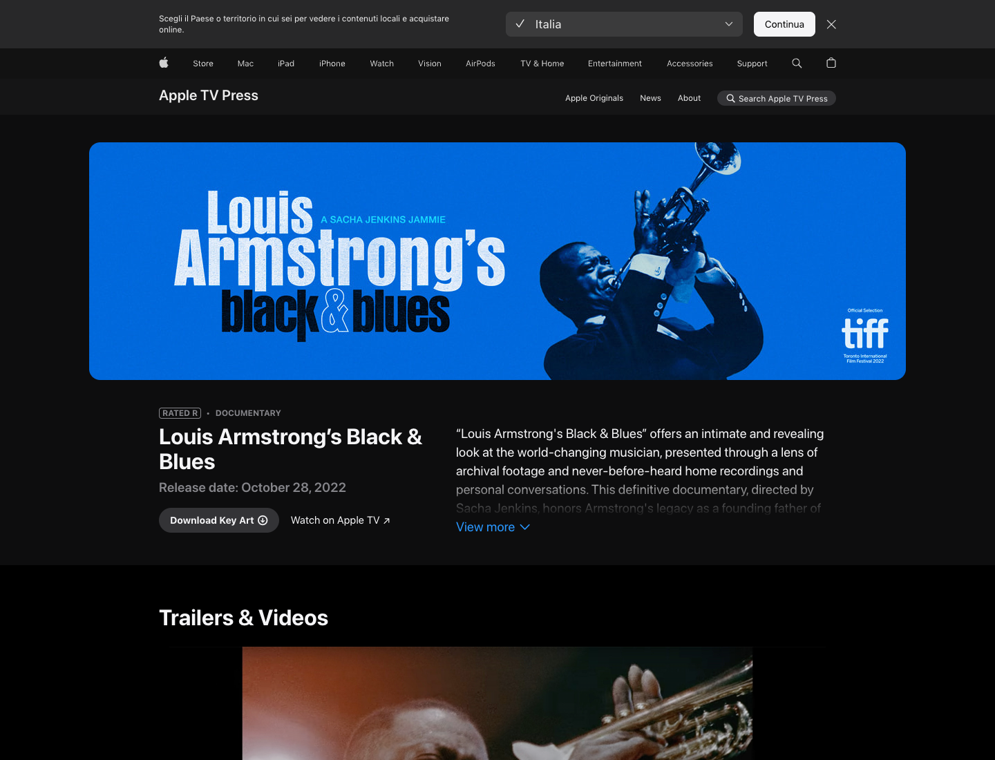 Apple TV Press page for Louis Armstrong's Black and Blues showing the documentary title, release date, and Watch on Apple TV link.
