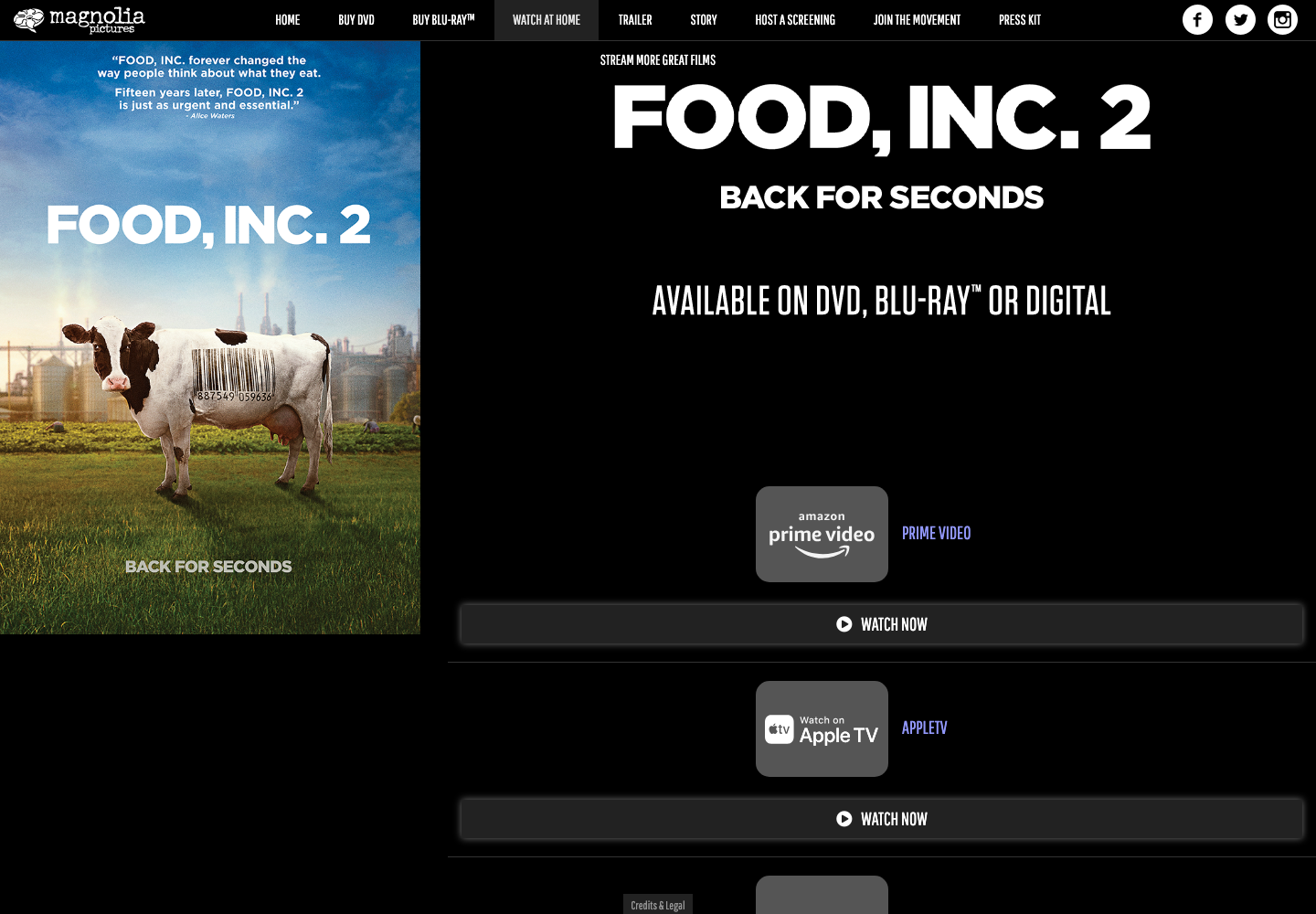 Official Magnolia Pictures Food Inc 2 watch-at-home page showing digital availability.