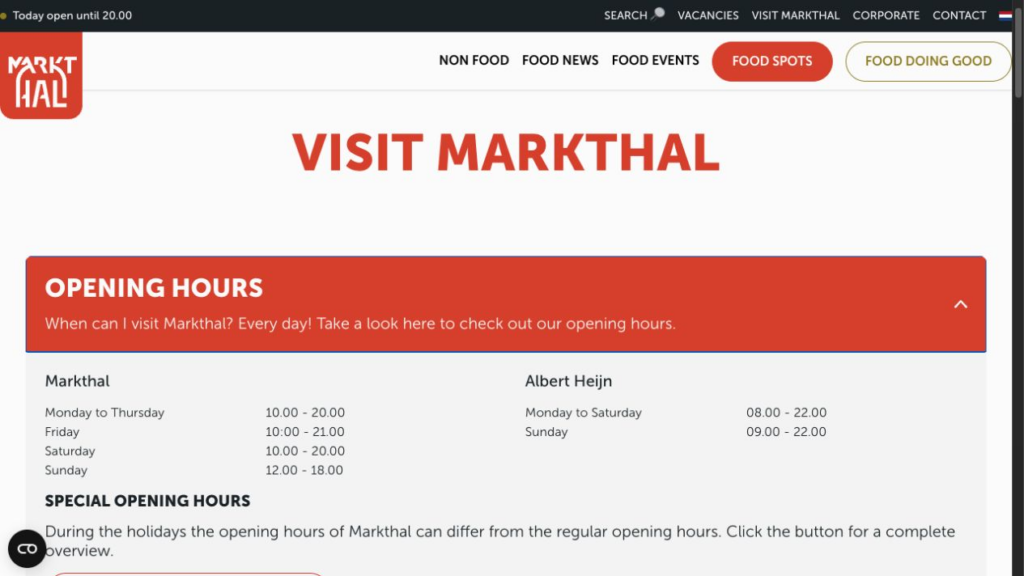 Markthal Rotterdam official visitor page showing weekday and Sunday opening hours