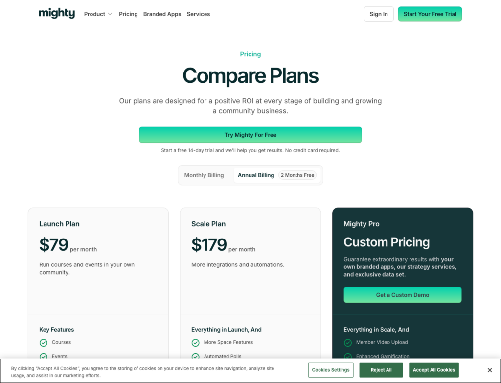 Mighty Networks official pricing page showing annual-billing prices of  for Launch and 9 for Scale.