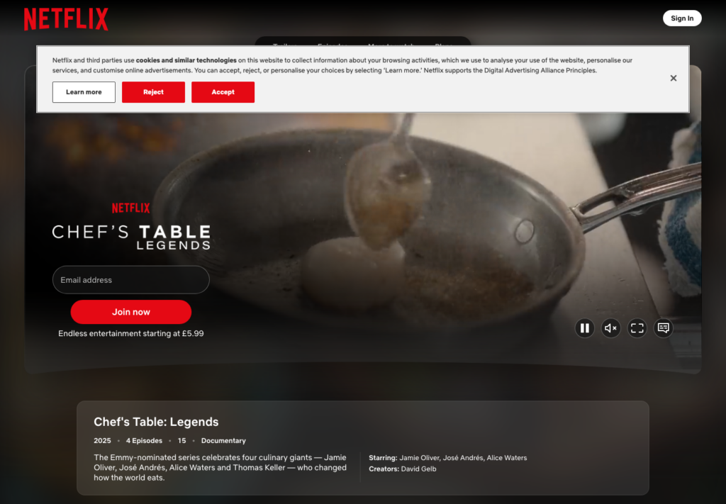 Official Netflix Chef's Table Legends page showing title details and 2025 episode count.