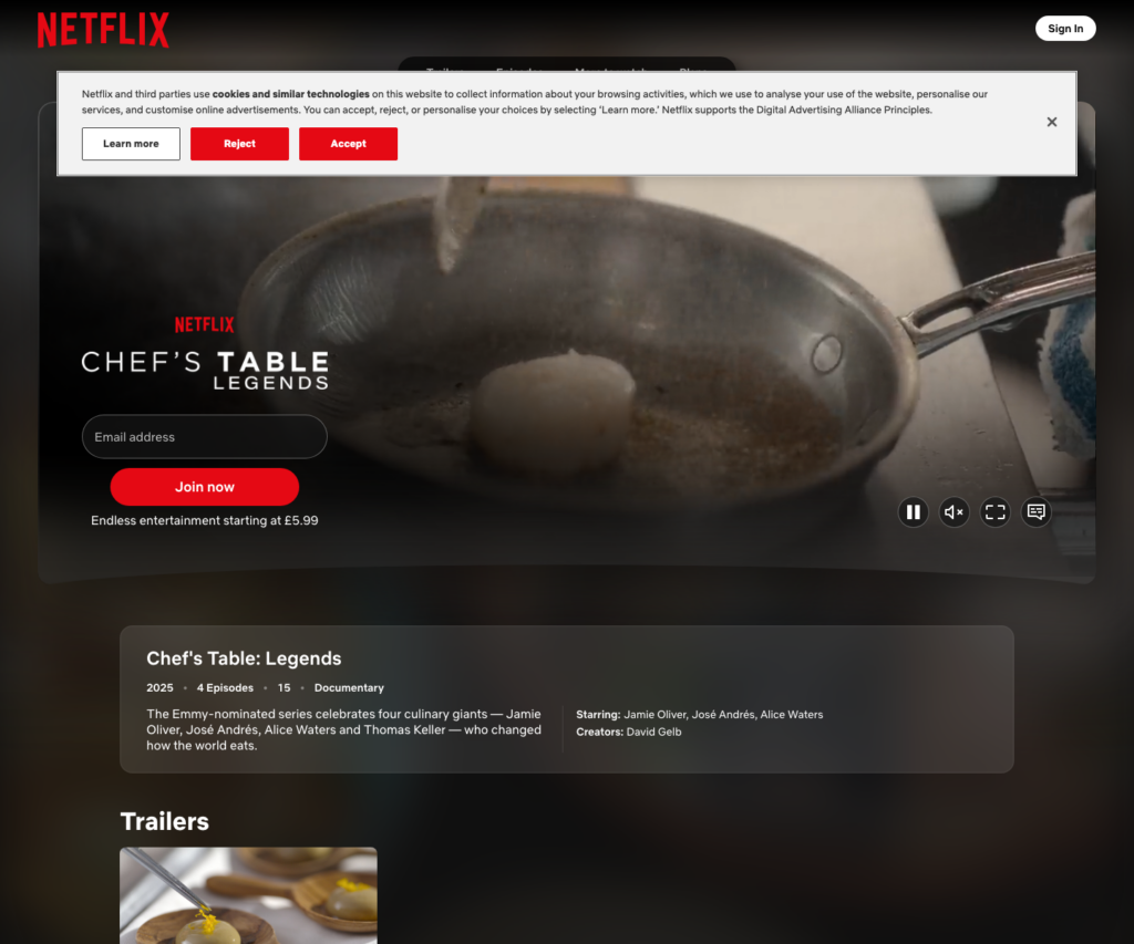 Netflix title page for Chef's Table: Legends showing its four chef-profile documentary episodes.