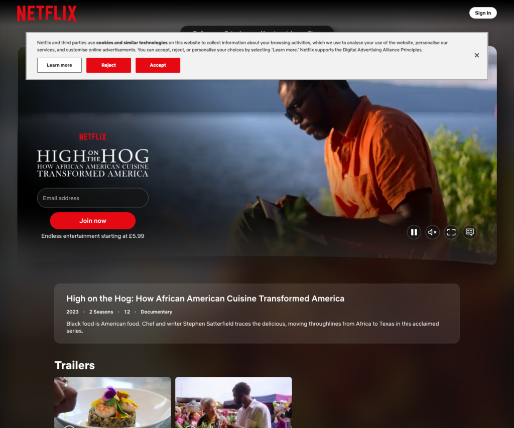 Netflix title page for High on the Hog showing the documentary series and its two-season history focus.