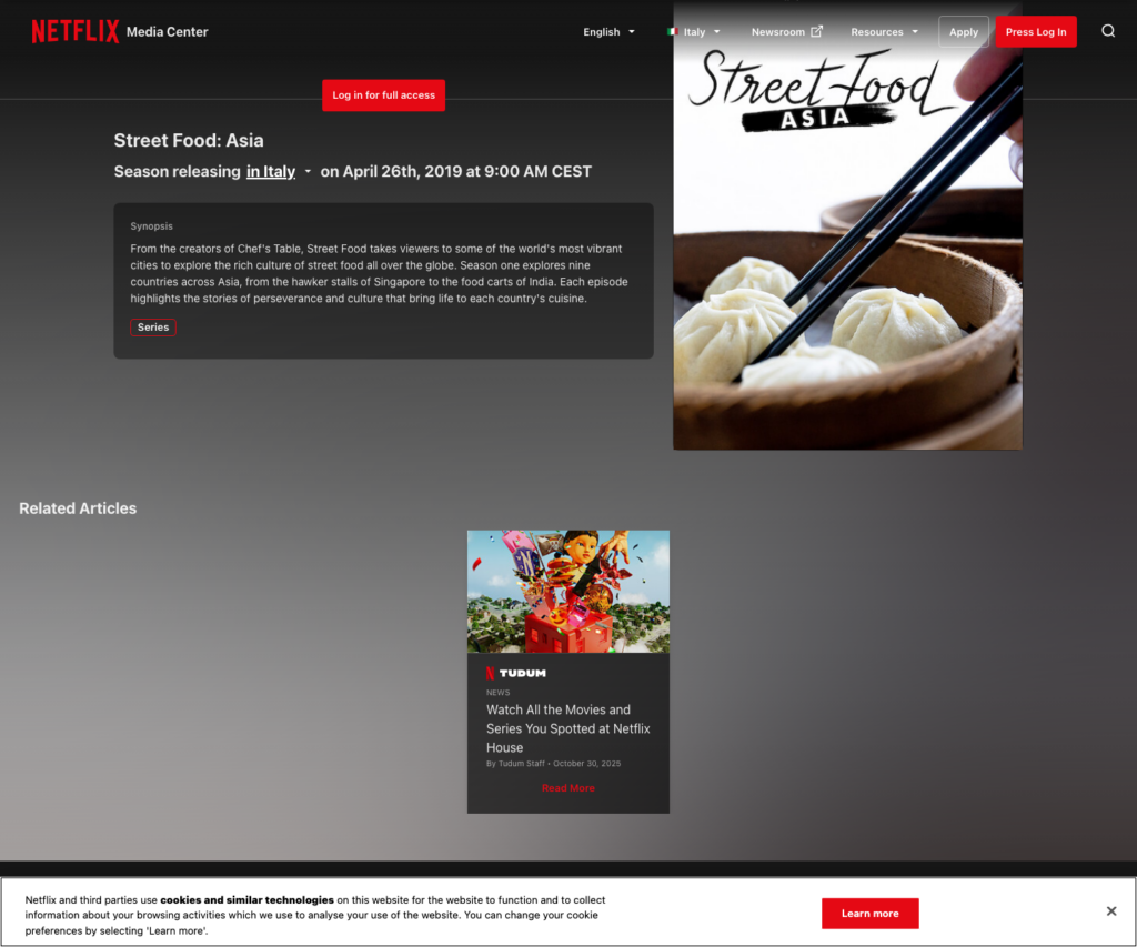 Netflix Media Center page for Street Food: Asia describing its focus on local cooks and culture across Asian cities.