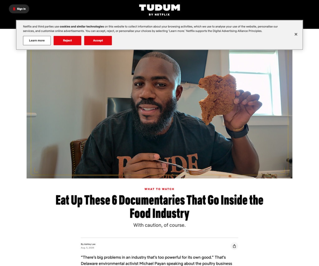 Netflix Tudum page showing Big Chicken: A Fast Food Conspiracy in its 2026 food-industry documentary guide.