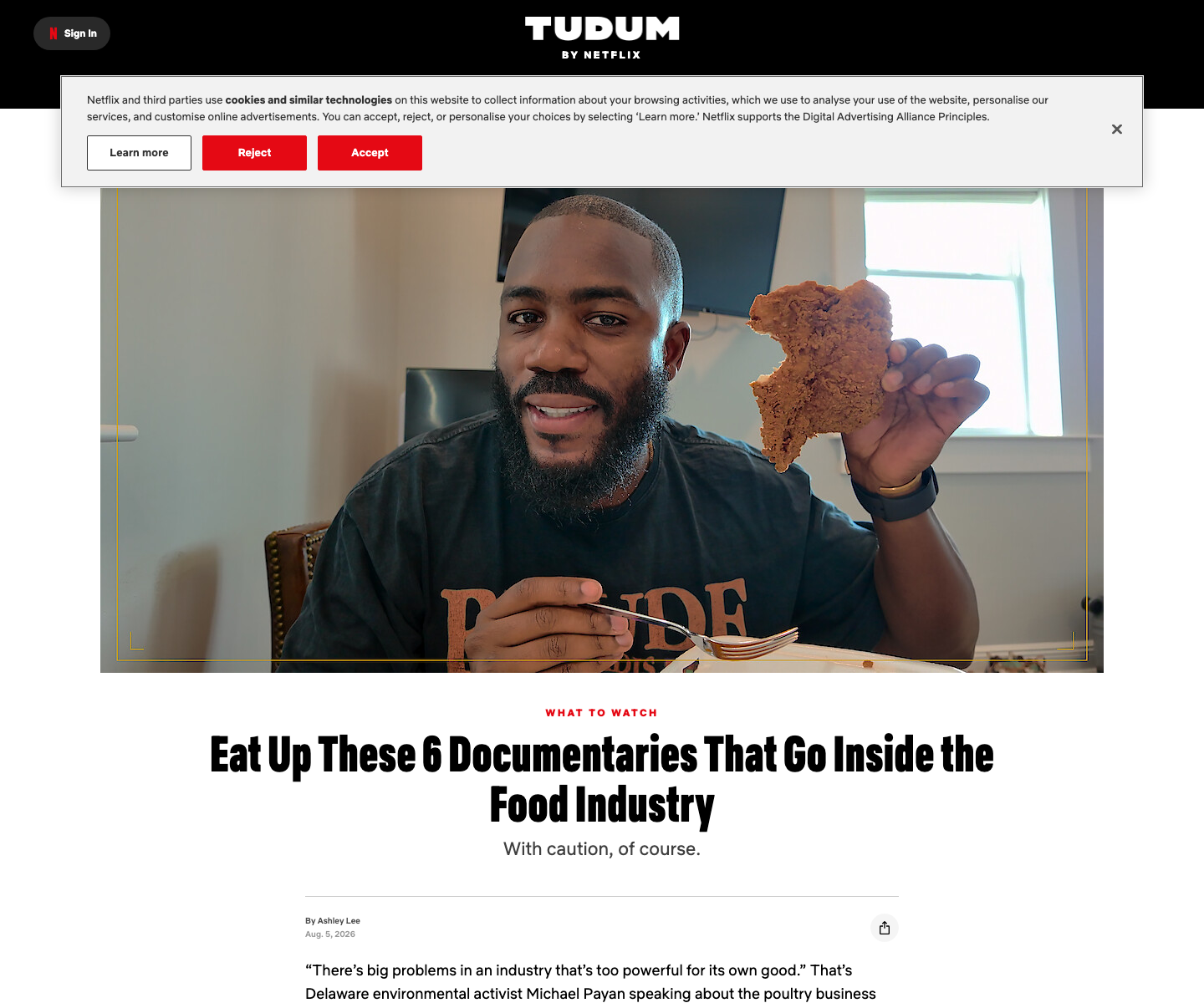 Netflix Tudum page showing Big Chicken: A Fast Food Conspiracy in its 2026 food-industry documentary guide.
