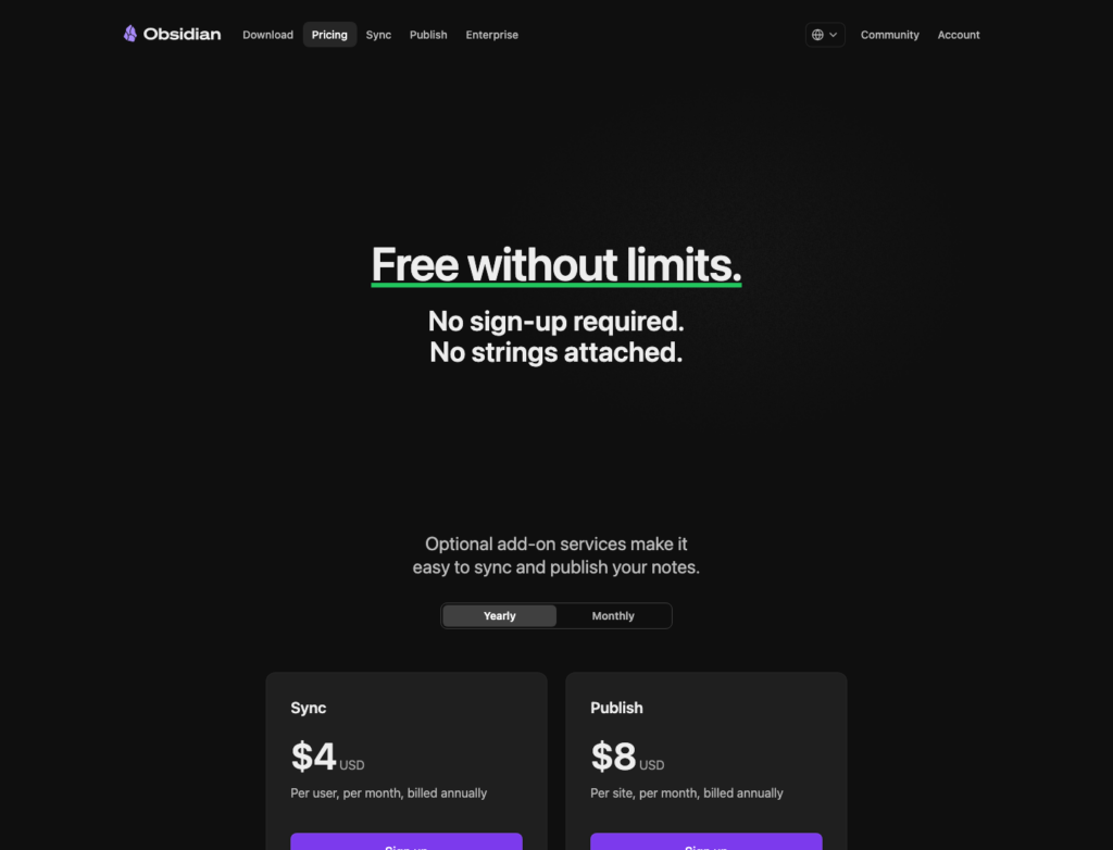 Obsidian pricing page showing the free core app and optional Sync and Publish services.