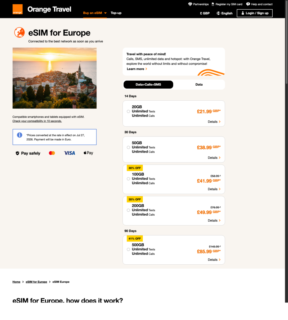 Official Orange Travel Europe eSIM page showing localized August 2026 package pricing.