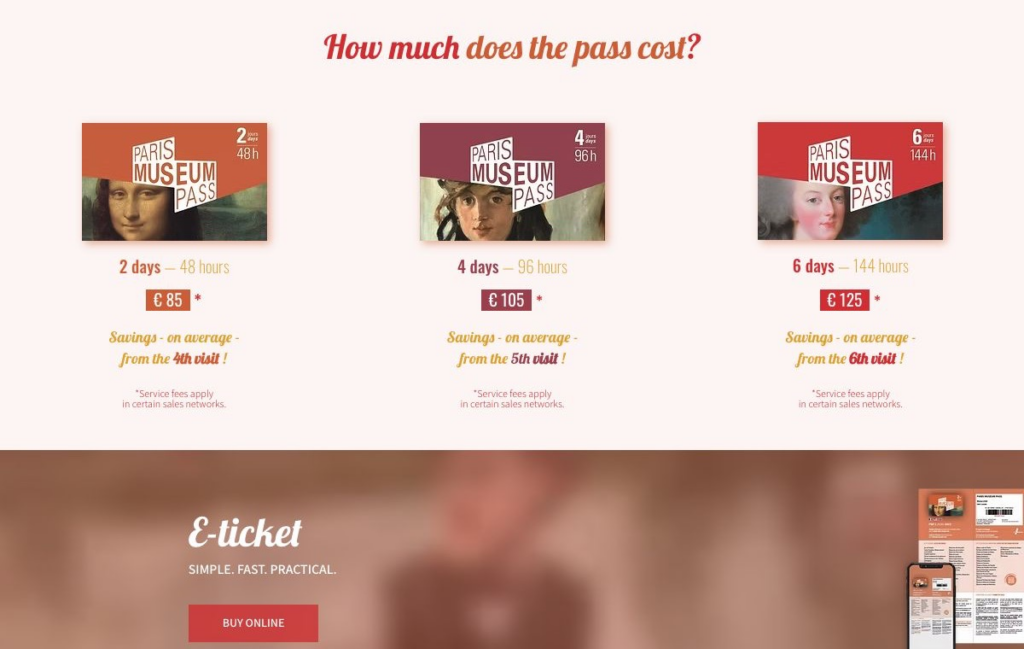 Official Paris Museum Pass page showing EUR 85, EUR 105, and EUR 125 pass prices