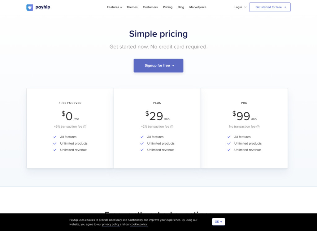 Payhip official pricing page showing Free, Plus, and Pro plan prices and platform fees.