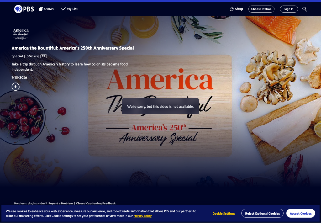 Official PBS America the Bountiful 250th Anniversary Special page showing title and July 2026 date.