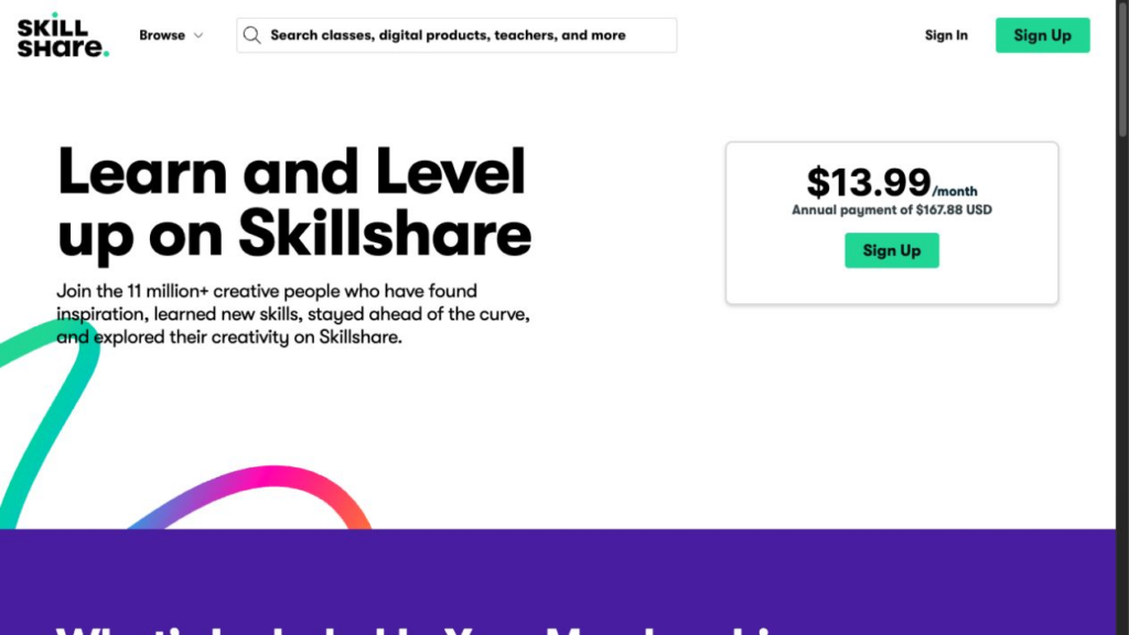 Official Skillshare pricing page showing the monthly equivalent and total annual payment in US dollars