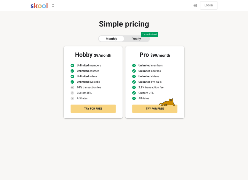 Skool official pricing page showing Hobby at  with a 10% fee and Pro at  with a 2.9% fee.