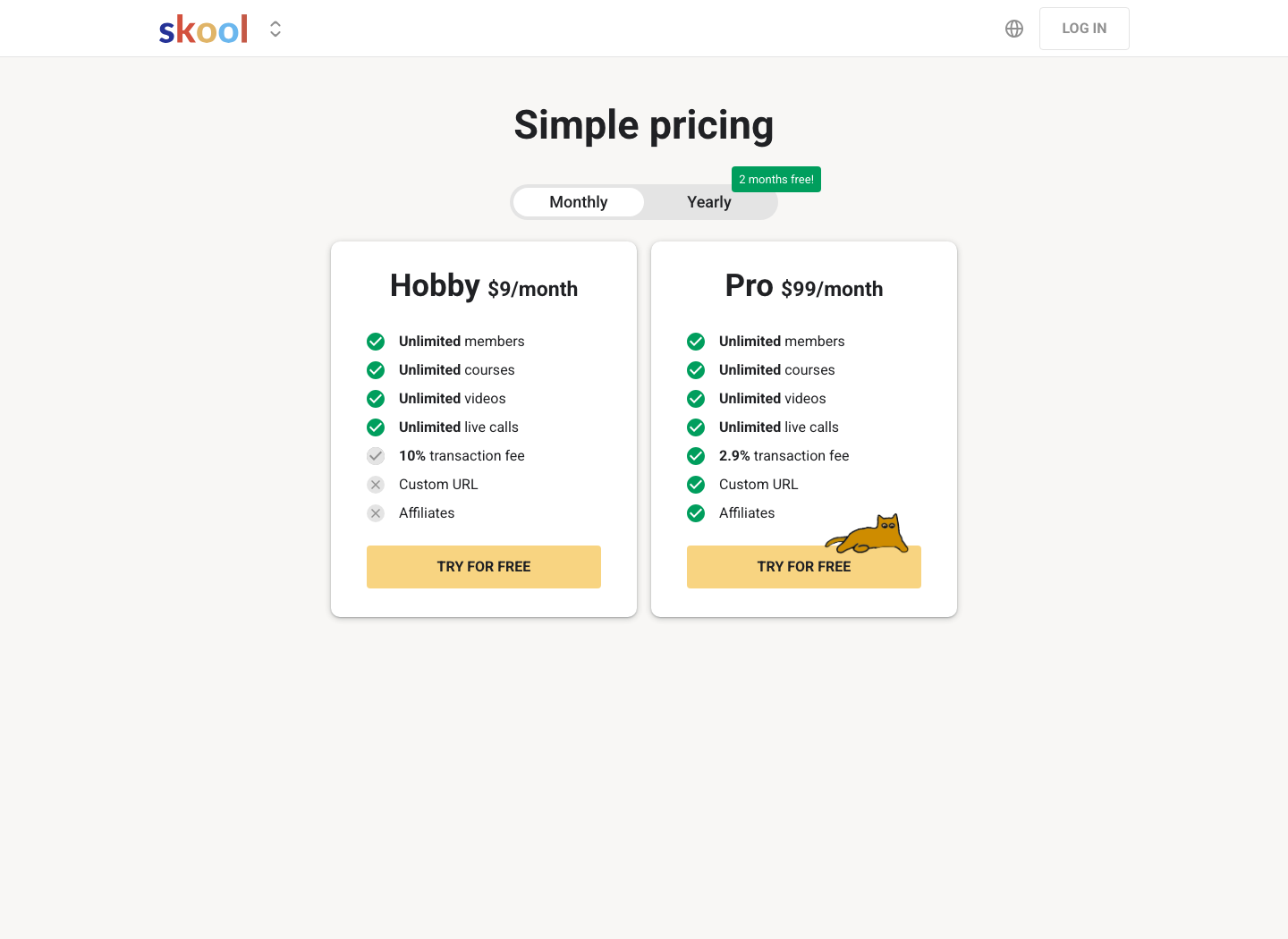 Skool official pricing page showing Hobby at $9 with a 10% fee and Pro at $99 with a 2.9% fee.
