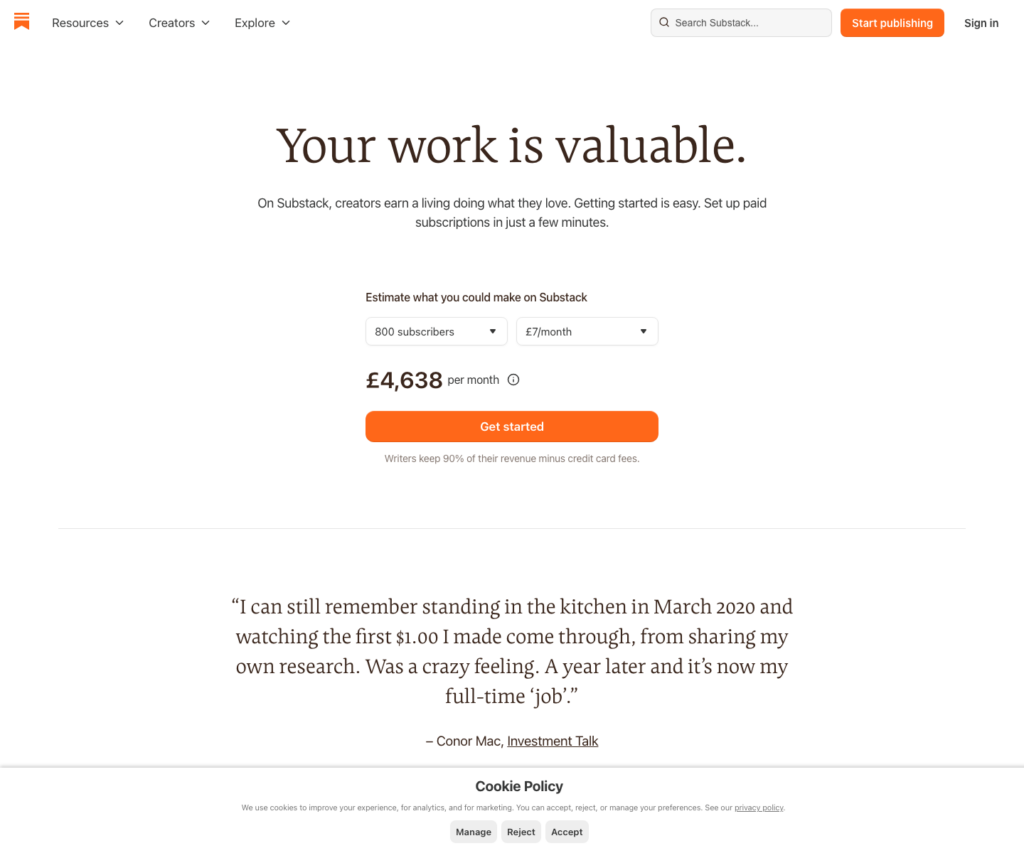 Substack official Going Paid page stating that writers keep 90% of revenue minus credit card fees.