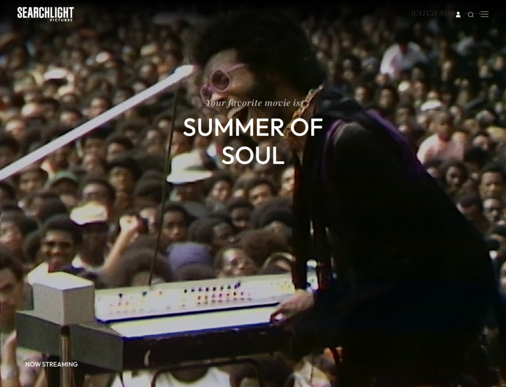 Searchlight Pictures official Summer of Soul page showing the film title and Now Streaming label.