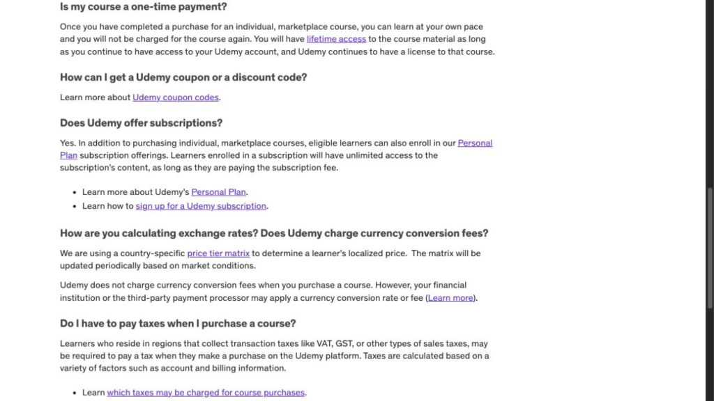 Official Udemy help page explaining one-time marketplace purchases, continued access, subscriptions, and localized prices