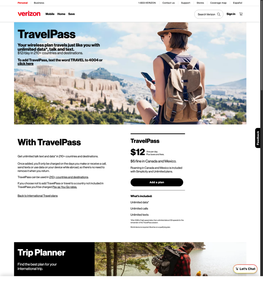 Official Verizon TravelPass page showing the August 2026 international roaming price.