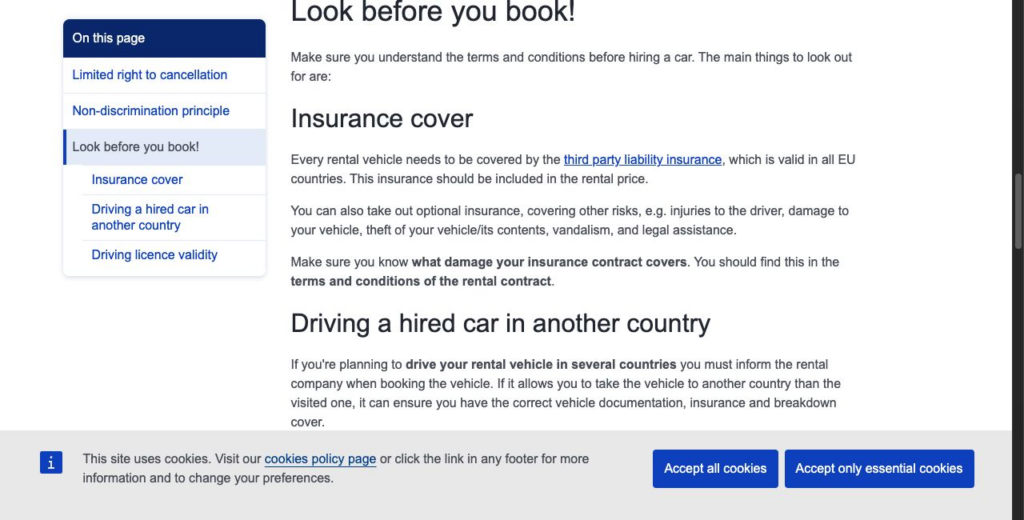 Official Your Europe guidance explaining rental-car insurance cover and cross-border permission