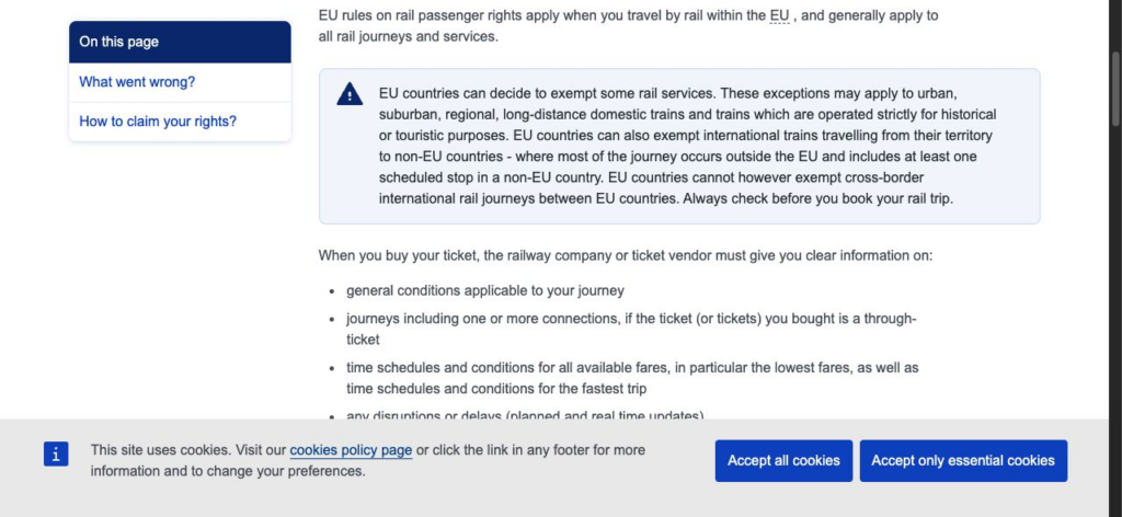 Official Your Europe rail guidance listing fare, connection, through-ticket, and timetable information travelers must receive