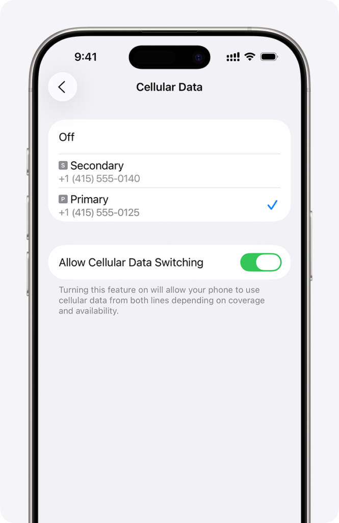 Apple's iPhone illustration shows the separate cellular-data line selection and data-switching control