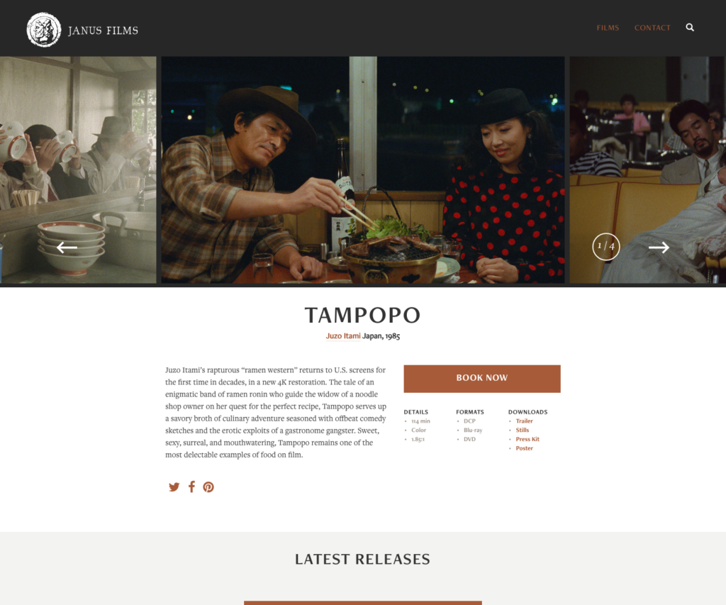 Official Janus Films page for Tampopo describing the ramen shop quest and its genre-bending food comedy.