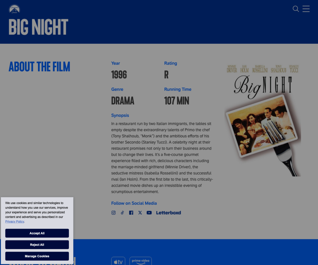 Official Paramount Pictures page for Big Night showing the 1996 restaurant drama and 107 minute runtime.